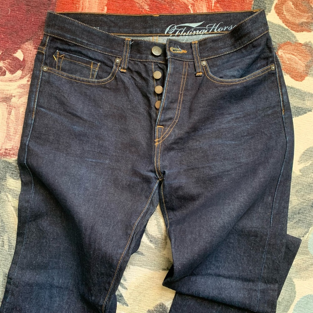 FH. Jean Co. hand made selvage indigo high end jeans 32W 32L but actually 30W